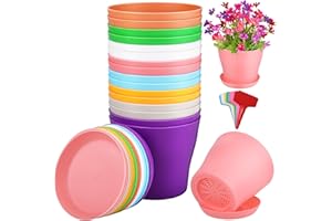 ADXCO 16 Pack 5.5 Inch Plastic Planters Assorted Flower Plant Pots Seedling Nursery Pots with Tray, Outdoor Indoor Plants for Seedling, Transplanting, Cutting, 8 Colors