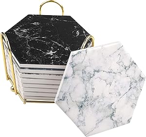 8 Pcs Drink Coasters with Metal Holder Stand,Marble Pattern Stone Bar Coasters Set with Cork Base,Farmhouse Cup Ceremic Coaster for Housewarming Hostess Gifts, Wedding Registry, Home Decor