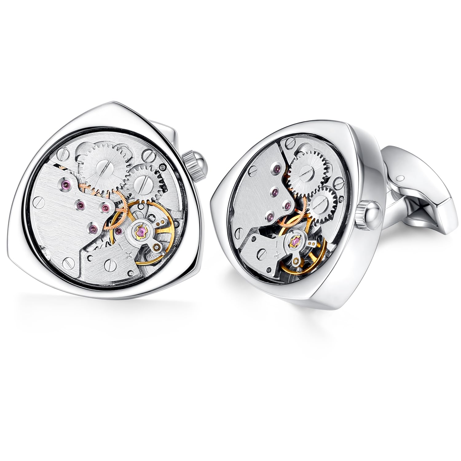 HONEY BEAR Mens Vintage Watch Movement Steampunk Cufflinks with Box-Working,Triangle Silver