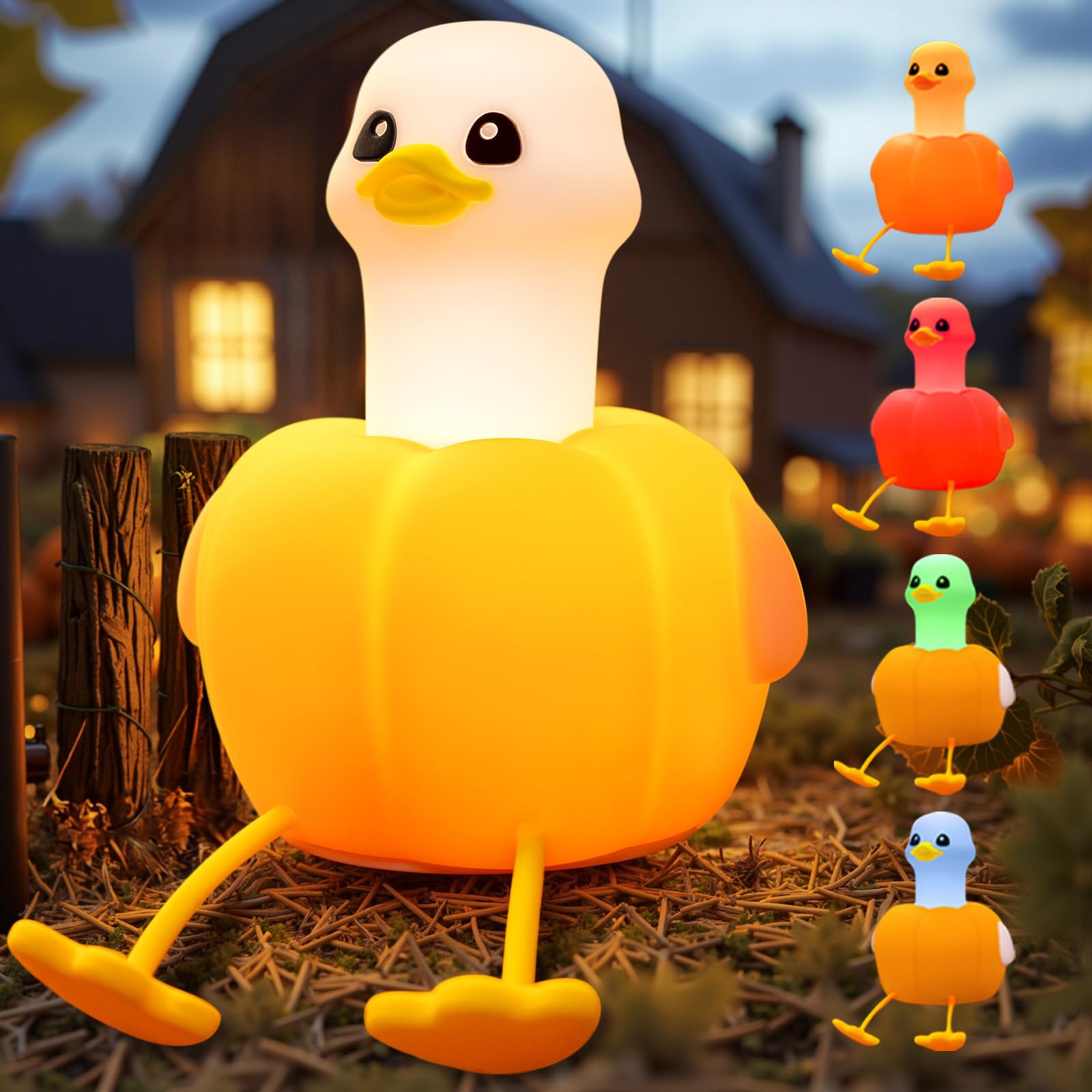 Mewaii Pumpkin Duck Night Light, 7 Color Duck Lamp, Night Light Kids, Pumpkin Room Decor, Rechargeable Table Light,Dimmable Silicone Baby Touch Nightlight for Nursery