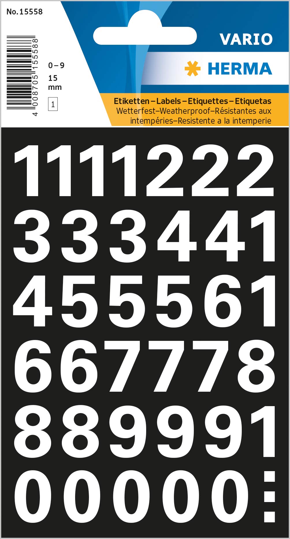 HERMA 15558 Number Stickers White 0-9, Pack of 39, Font Size 15 mm, Self-Adhesive, Weatherproof, Large, Number Number Adhesive Numbers Stickers, House Numbers Made of Film for Sticking, Black