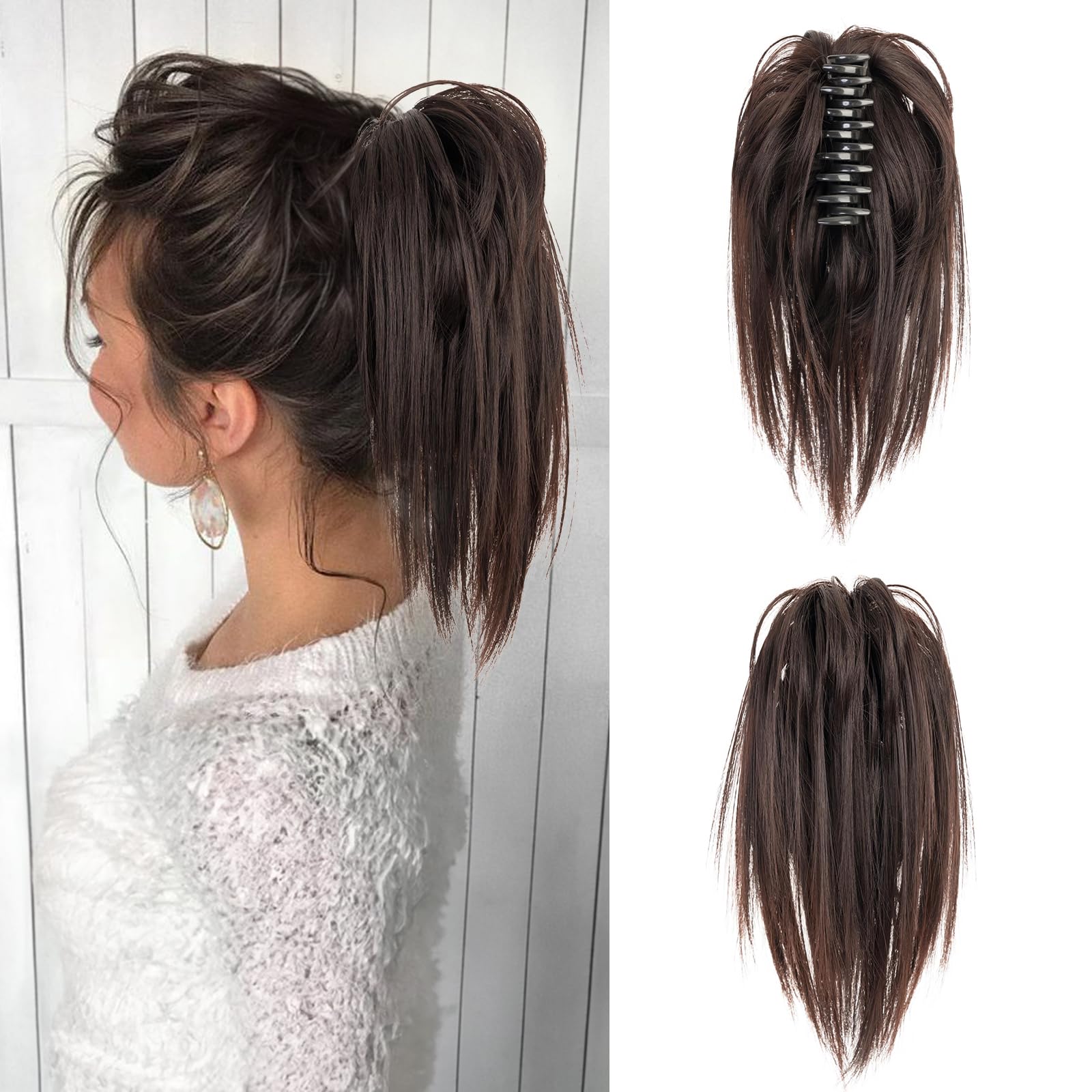 Benehair Synthetic Hair Pieces | Straight Messy Bun Clip in Claw Ponytail Extension (Natural Brown, 60g)