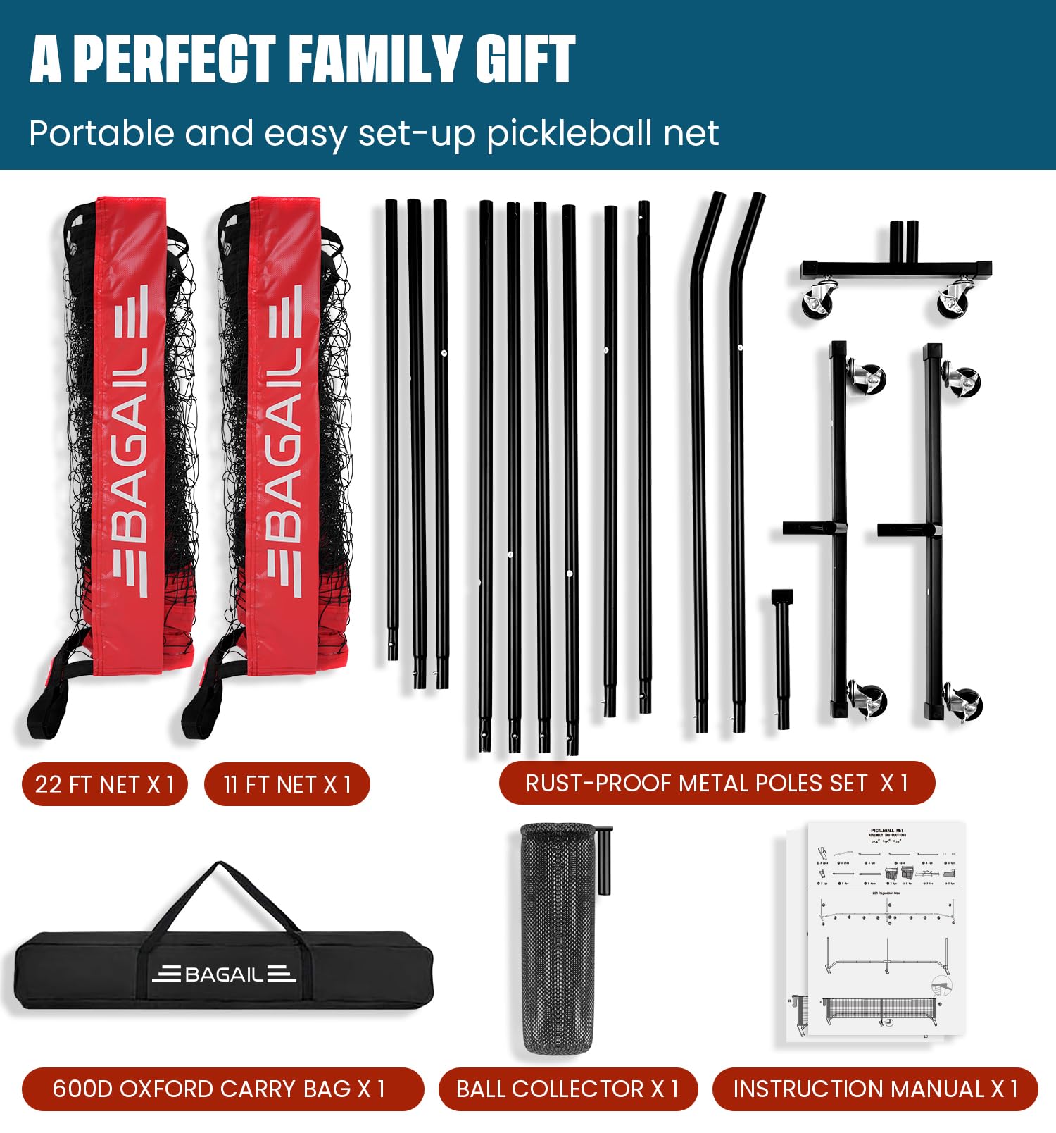 BAGAIL Portable Pickleball Net Set with Wheels, 22 FT Regulation Size & 11 FT Half Court Size 2-in-1 Pickle Ball Net with Ball Collector, Carry Bag, 4 Pickle Balls, Easy Setup for Outdoor Indoor