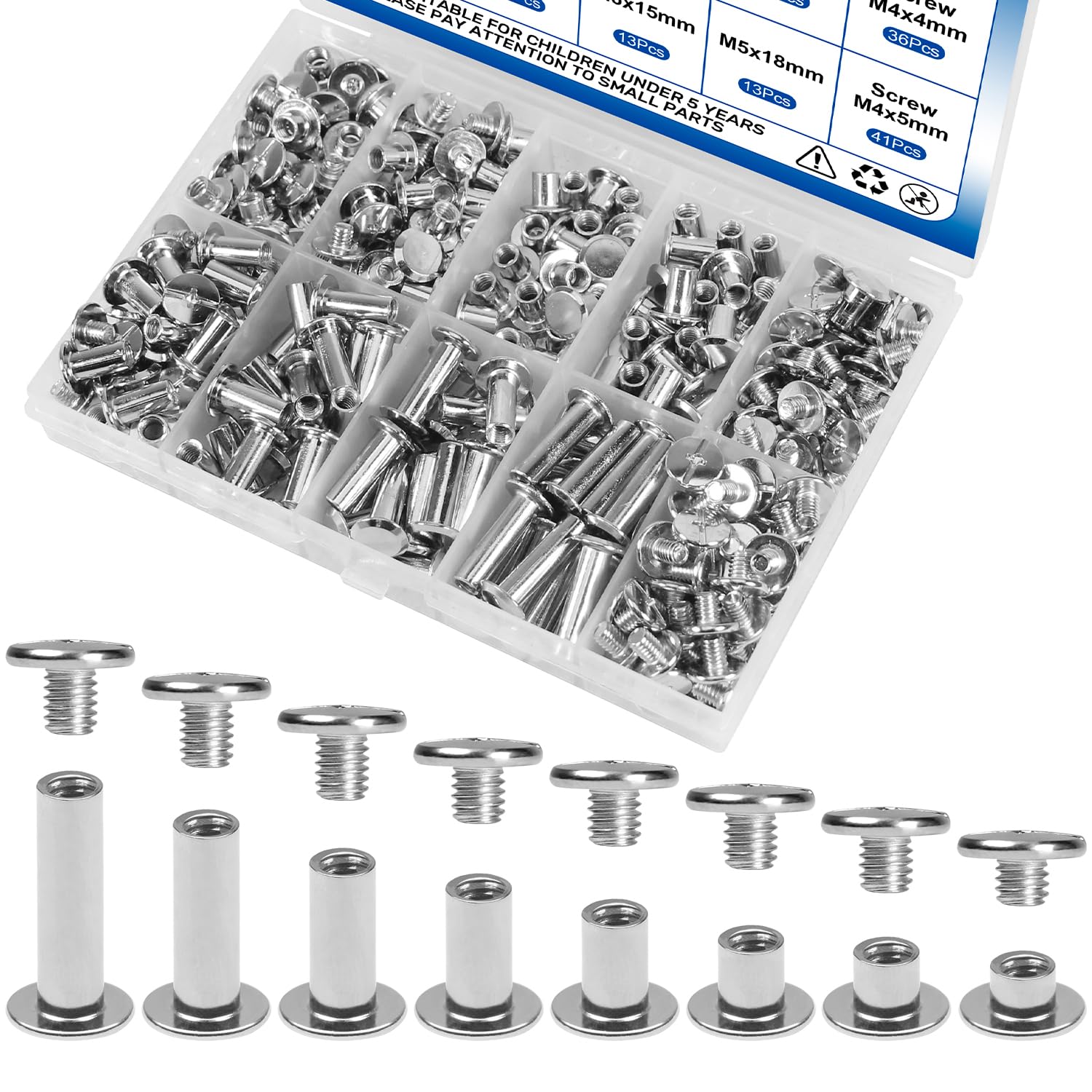 Photo 1 of 130Sets Chicago Screws Kit, Silver Screw Rivets, 8 Sizes Carbon Steel Binding Screws?M5*4,5,6,8,10,12,15,18?and 3 Screw Lengths (M4*3,4,5) for Leather Crafts, Clothing, Shoes, Belts, Bags and Purses