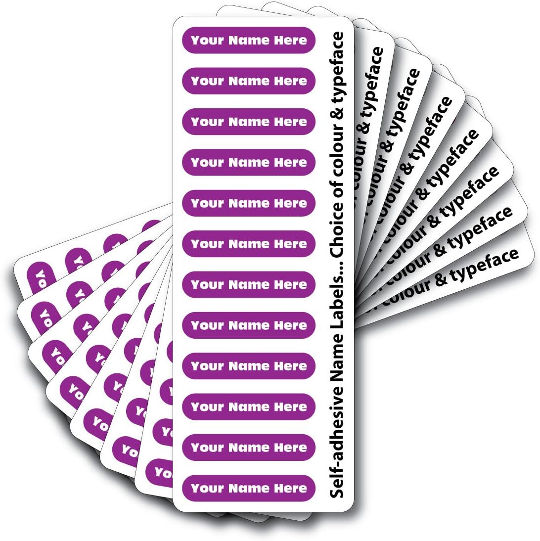 Name Labels, 96 Amethyst Skinny Stick Name Labels with Over laminates. Choice of Background Colours and Fonts!
