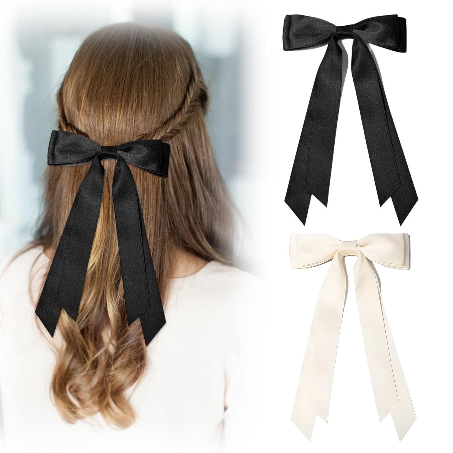 Hair Bow, 2 Pcs Hair Bows Hair Ribbon Bow Hair Clip Hair Accessories for Women Girls Barrettes for Women (Black & Beige)