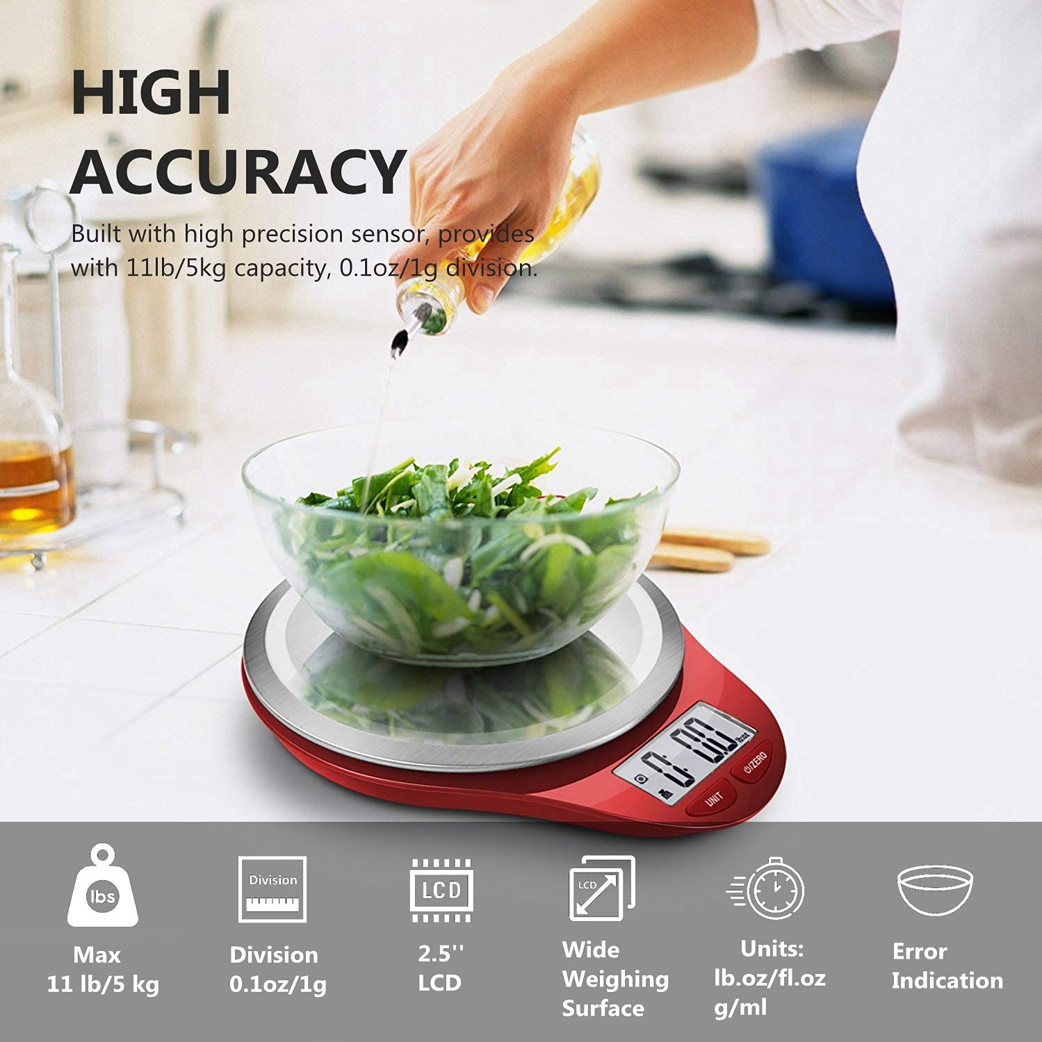 Food Scale, NUTRI FIT Kitchen Scales Digital Weight Grams and Ounces Large Stainless Steel Platform for Baking Cooking Weight Loss, High Accuracy Bread Coffee Scale, 1g Increment Tare Function, Red