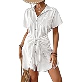 Bsubseach Womens Swimsuit Coverup Short Sleeve Button Down Tie Beach Shirt Dresses Summer Bathing Suit Cover Up Swimwear