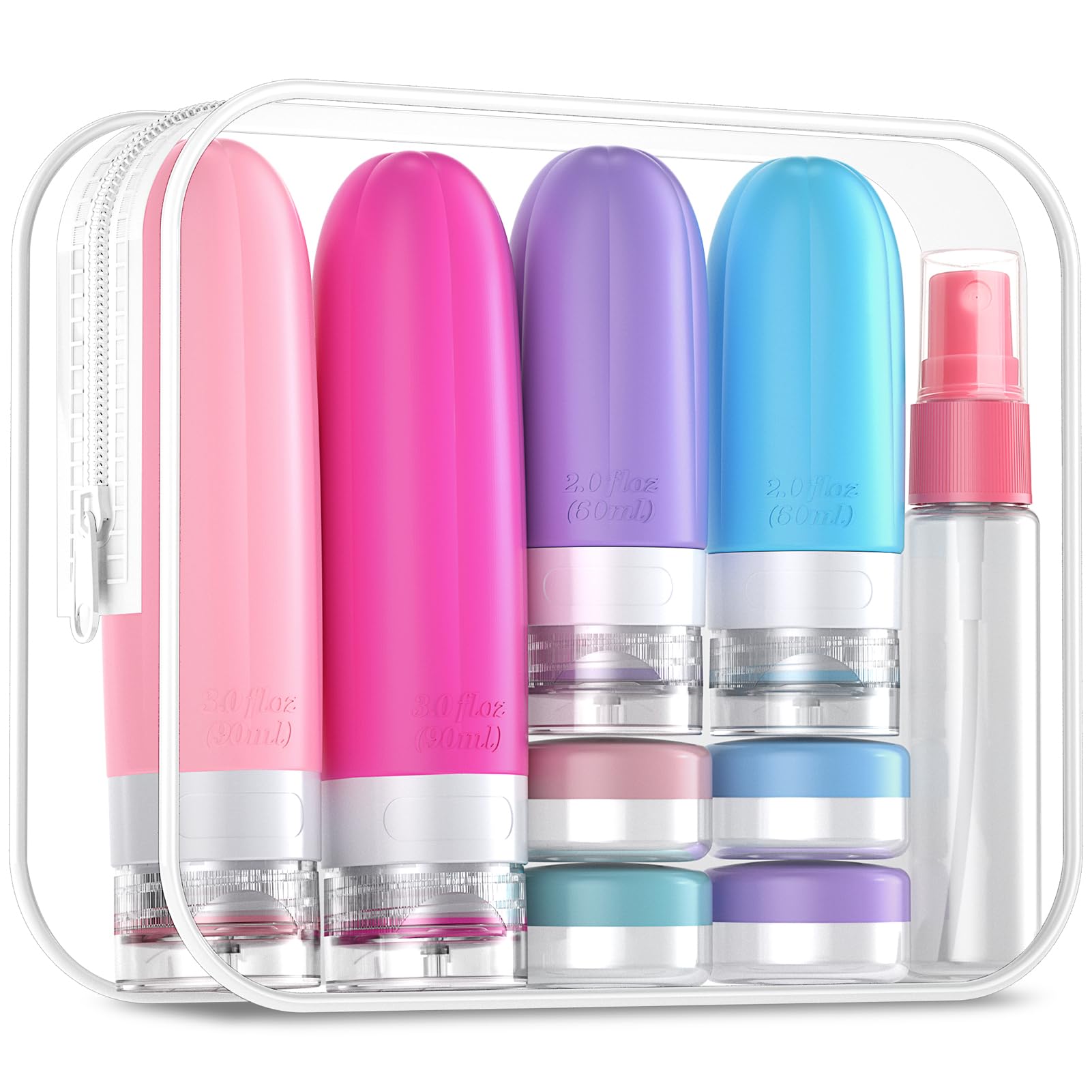 Gemice 16 Pack Travel Bottles Set, CAA Approved Leak Proof Silicone Squeezable Containers for Toiletries, Refillable Accessories 60ml 90ml for Conditioner, Shampoo, Lotion & Body Wash (BPA Free)