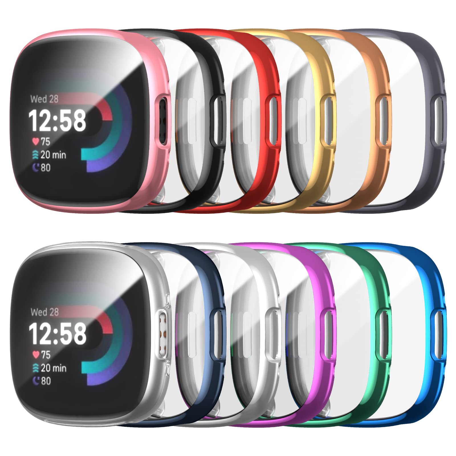 Haojavo 12 Pack Case for Fitbit Versa 4 Sense 2 with Screen Protector, Haojavo Soft TPU Full Protective Cover Ultra-Thin Scratch Resistant Slim Fit Plated Bumper for Fitbit Versa 4 Sense 2 Accessories