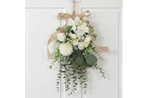 Teardrop Wreath, Large Floral Swag - Artificial White Eucalyptus and Chrysanthemum Hanging Bouquet for Front Door, Wall, and 
