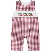 AUJUBUY My First Christmas Baby Boy Outfit Newborn Plaid Santa Overalls Jumpsuit Smocked Romper Fall Christmas Clothes