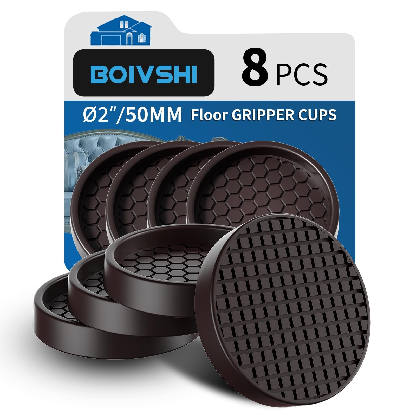Ø 50mm Furniture Gripper，Non Slip Pads， Sofa Feet Pads，Thick Rubber Furniture Coaster，Heavy Duty Cushions，Prevent Scratches & Damage Hardwood Floor Bed，Chair Protectors, 8 Pcs Round Brown