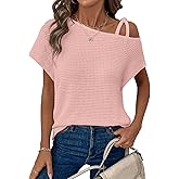 Dokotoo Womens Summer Tops Off One Shoulder Waffle Knit Short Sleeve T-Shirts Casual Lightweight Solid Color Blouses