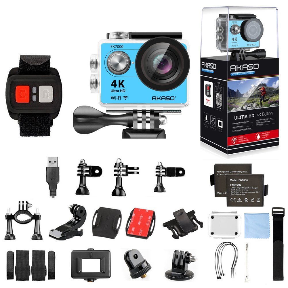 AKASO EK7000 4K Sport Action Camera Ultra HD Camcorder 12MP WiFi Waterproof Camera 170 Degree Wide View Angle 2 Inch LCD Screen W/2.4G Remote Control/19 Accessories Kits - Blue