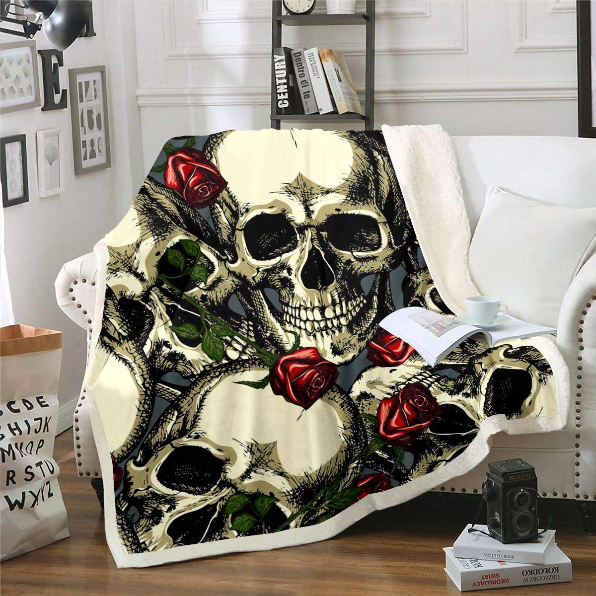 Homemissing Skulls Sherpa Blanket Red Roses Fleece Throw Blanket Skeleton Plush For Sofa Bed Scary Gothic Bones Style Single 50x60 Inch