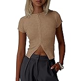 Imily Bela Womens Short Sleeve Sweater Tops Summer Button Down Casual Ribbed Knit Slim Fit Cropped Cardigan Shirts