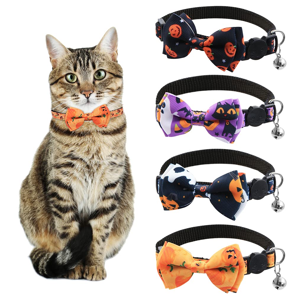 4 Pcs Halloween Adjustable Breakaway Cat Collar with Bowtie Bell, Soft Pumpkin Safety Quick Release Cat Bowtie Collars for Kitten Cat Puppy Small Dog Halloween Thanksgiving Party