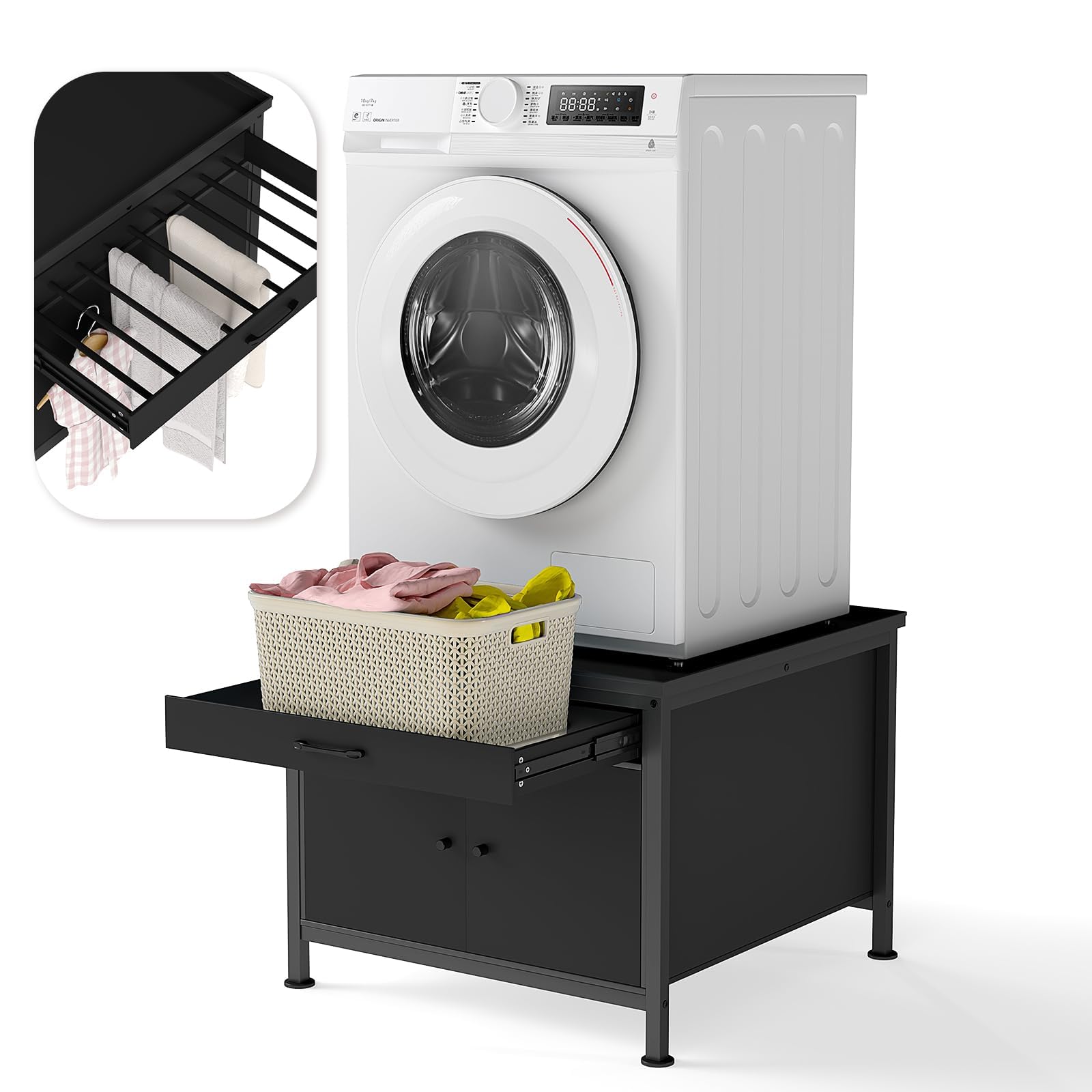 Photo 1 of ***SEE CLERK COMMENTS*** HIDODO Washer and Dryer Pedestals, 29” Heavy Duty Laundry Pedestal with Storage Cabinet and Laundry Basket Shelf, Universal Washing Machine Stand, 700 LBS Capacity, Black