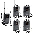 EXMAX UHF-938 UHF Acoustic Transmission Wireless Headset Microphone Audio Tour Guide System for Worship Church Translation Teaching Travel Simultaneous Interpretation.(1 Transmitter and 4 Receivers)