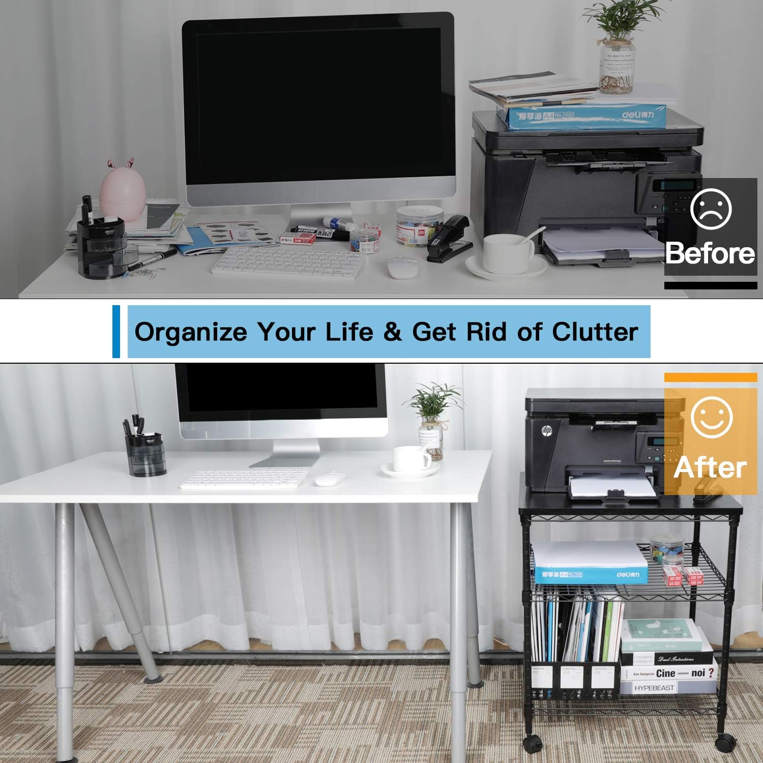 HUANUO Printer Stand - 3 Tier Printer Cart for Storage, Holds up to 200 lbs, Multifunctional Metal Utility Shelves, Workspace Desk Organizer, Rolling Cart for Home & Office Use: Electronics