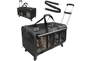 GJEASE Cat Rolling Carrier for 2 Cats,Double-Compartment Pet Rolling Carrier with Wheels for 2 Pets,for Up to 35 LBS,Super Ventilated Design,Ideal for Traveling/Hiking/Camping