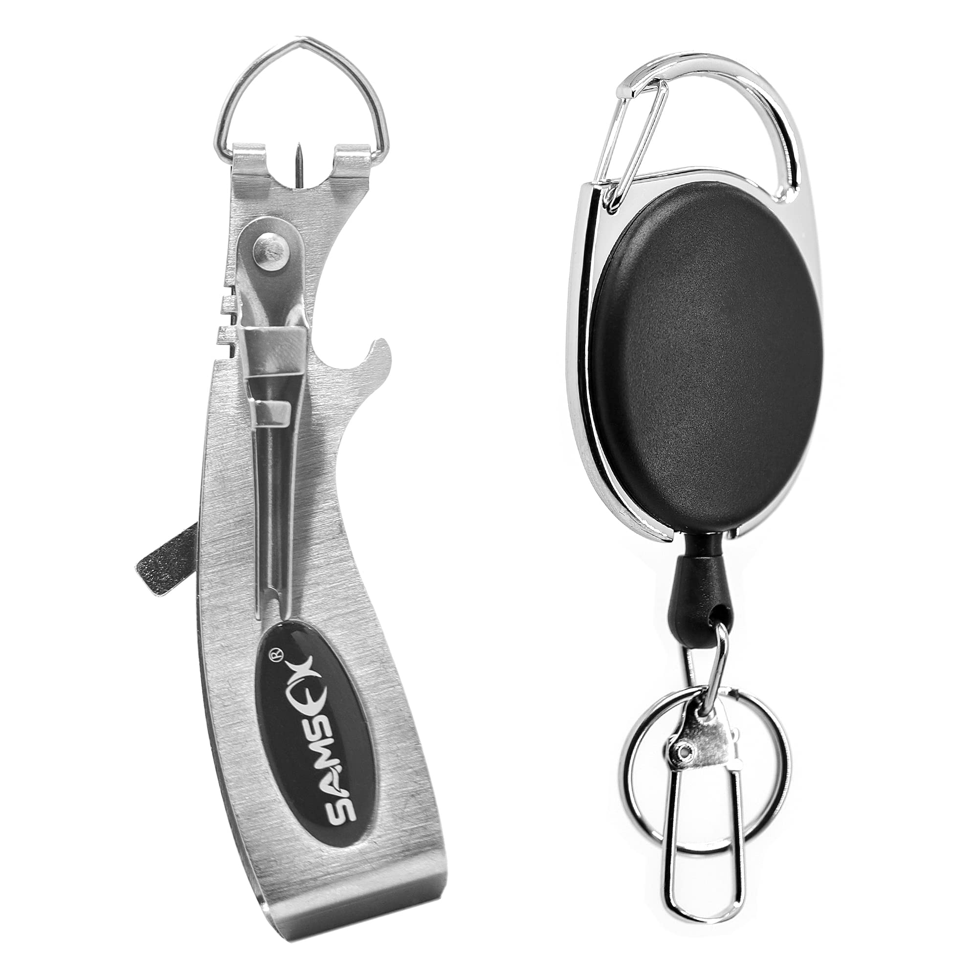 SAMSFX Fishing Quick Knot Tying Tool 6 in 1 Fly Line Clippers with Zinger Retractor (6 in 1 Clipper & Oval Zinger Retractor)