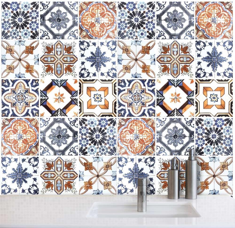 RE-COVERTILES - Tile Stickers for Bathroom and Kitchen 10 Pcs 20x20 cm - PS00001 Wall Decoration in Waterproof PVC Mosaic Tiles Style Azulejos Cement Tiles