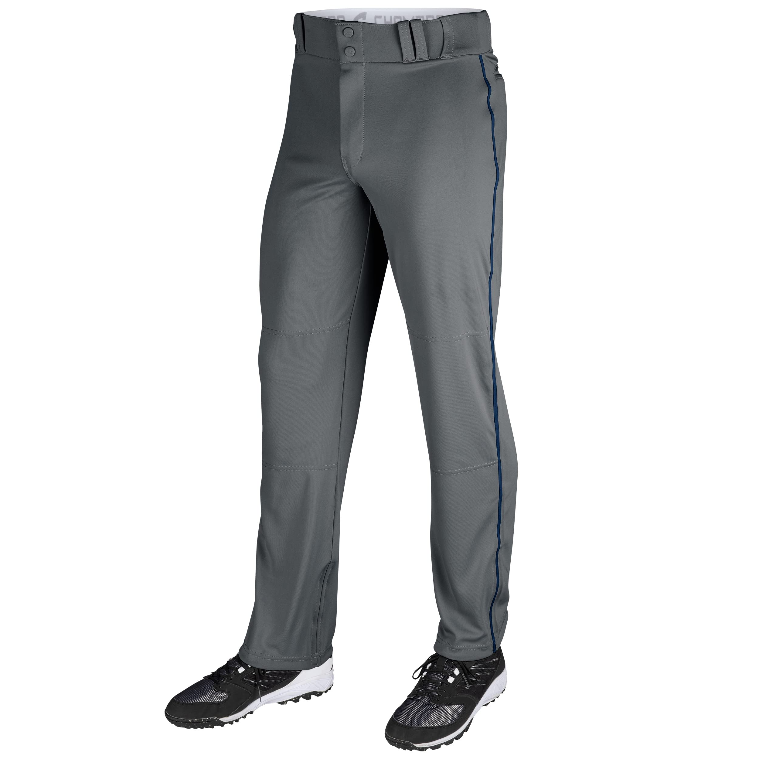 Champro Triple Crown OB Pantalones de béisbol con parte inferior abierta con ribetes laterales trenzados, entrepierna ajustable y áreas deslizantes reforzadas, grafito, ribetes azul marino, medianos