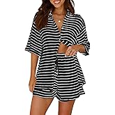 Tankaneo Womens Striped 2 Piece Sets Short Sleeve Button Down Shirt and Shorts Waffle Knit Pajama Lounge Set Summer Outfits
