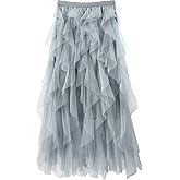 Women Tulle Skirts Layered Tutu Skirt Midi Length Elastic High Waist A Line Skirt