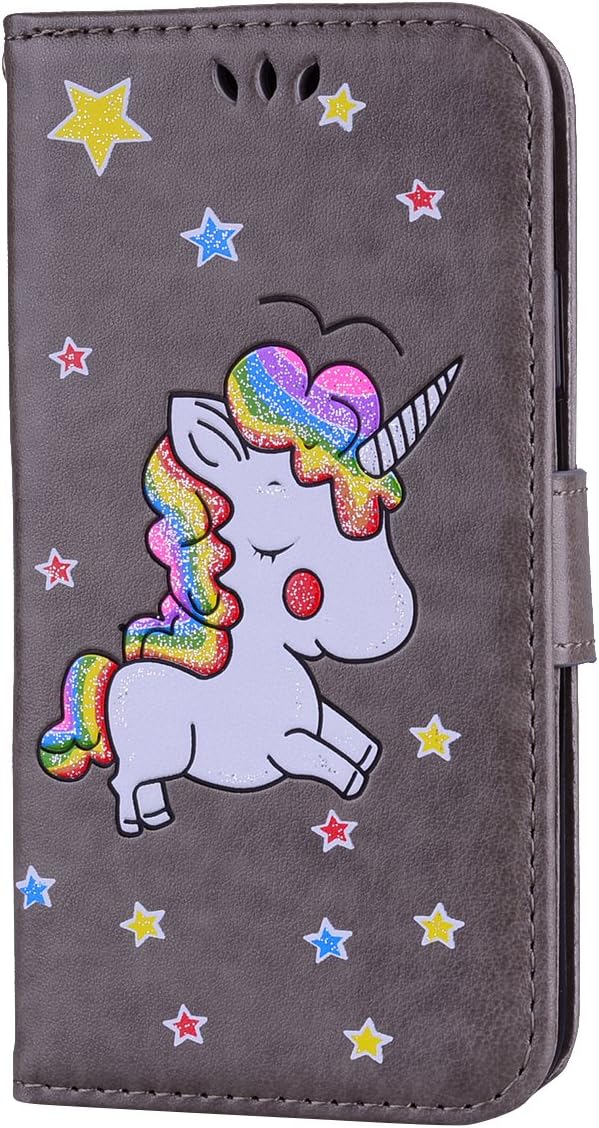 CXTcase iPhone X Case, iPhone 10 Leather Case Flip Wallet Cover with Credit Card Holder Magnetic Closure [Kickstand] Design Protective Phone Cover for Apple iPhone X (10) Unicorn Cartoon Pattern Grey