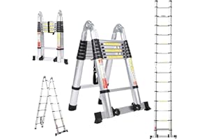 BOWEITI Telescoping Ladder,Telescoping A Frame Ladder with Balance Bar and Movable Wheel,Household Use Folding Ladder,Multi-Purpose Collapsible Ladder for Outdoor Work (14.5FT A Frame)