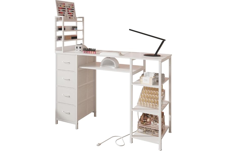 NinPeen Manicure Table Nail Desk for Nail tech with Drawers and Power Outlet,Nail Beauty Table with Storage and Open Shelves for Home,Workshop,Makeup Beauty Salon Workstation (White)