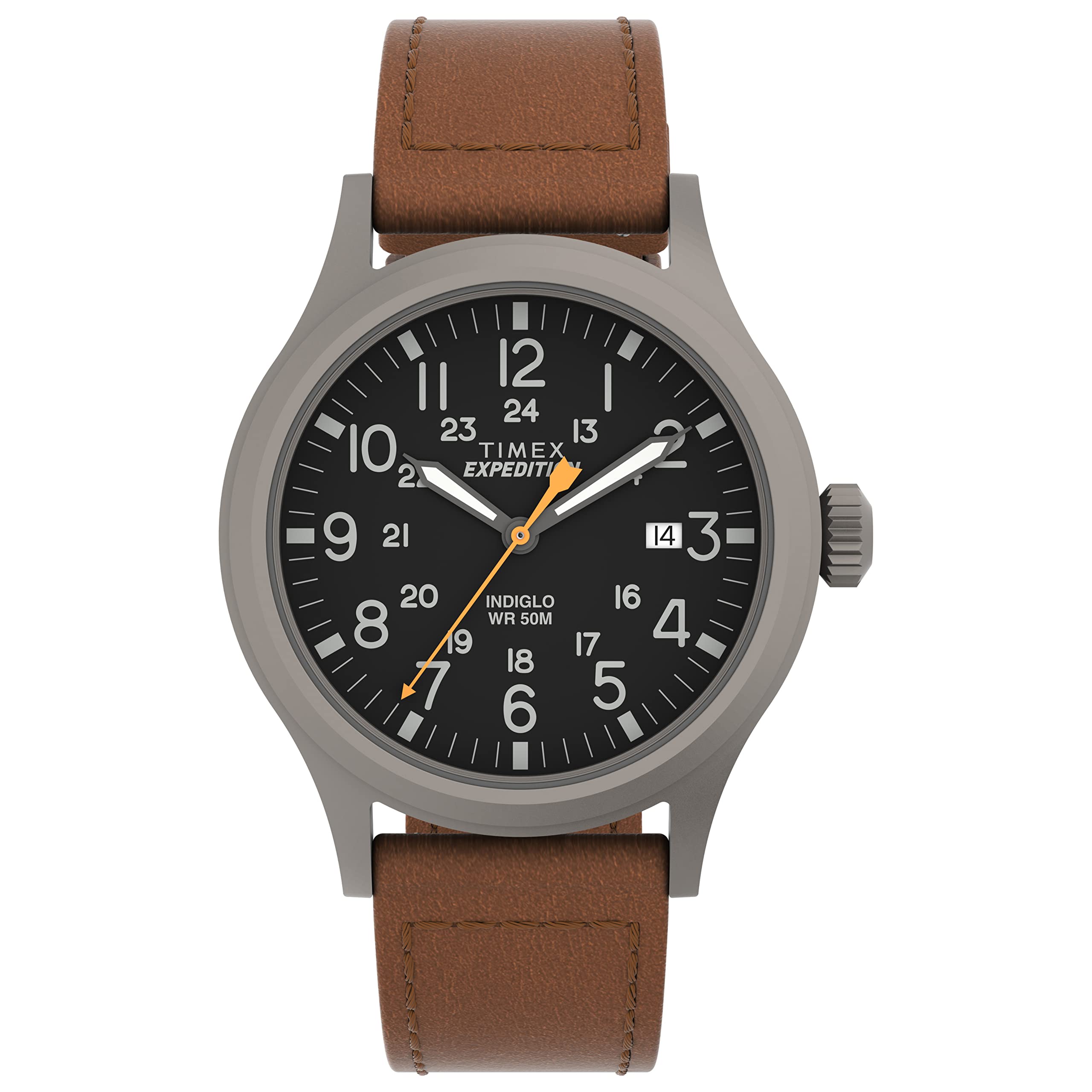 Reloj Timex Expedition Scout de 40 mm para hombre, caja gris, esfera negra y correa de cuero Ecco DriTan marrón