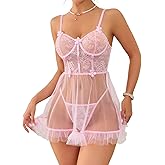 Donnalla Sexy Lingerie for Women Babydoll Dress with Underwire Push Up Sheer See Through Nightgown with Thong