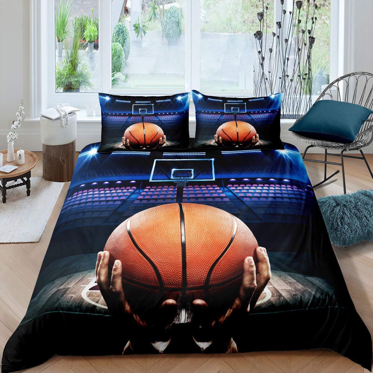 Loussiesd Sports Basketball Comforter Cover Set Basketball Court Duvet Cover Kids Boys Adults 3D Basketball Pattern Bedding Set Basketball League Bedspread Cover with 1 Pillowcase 2Pcs Bedding Single — image 1