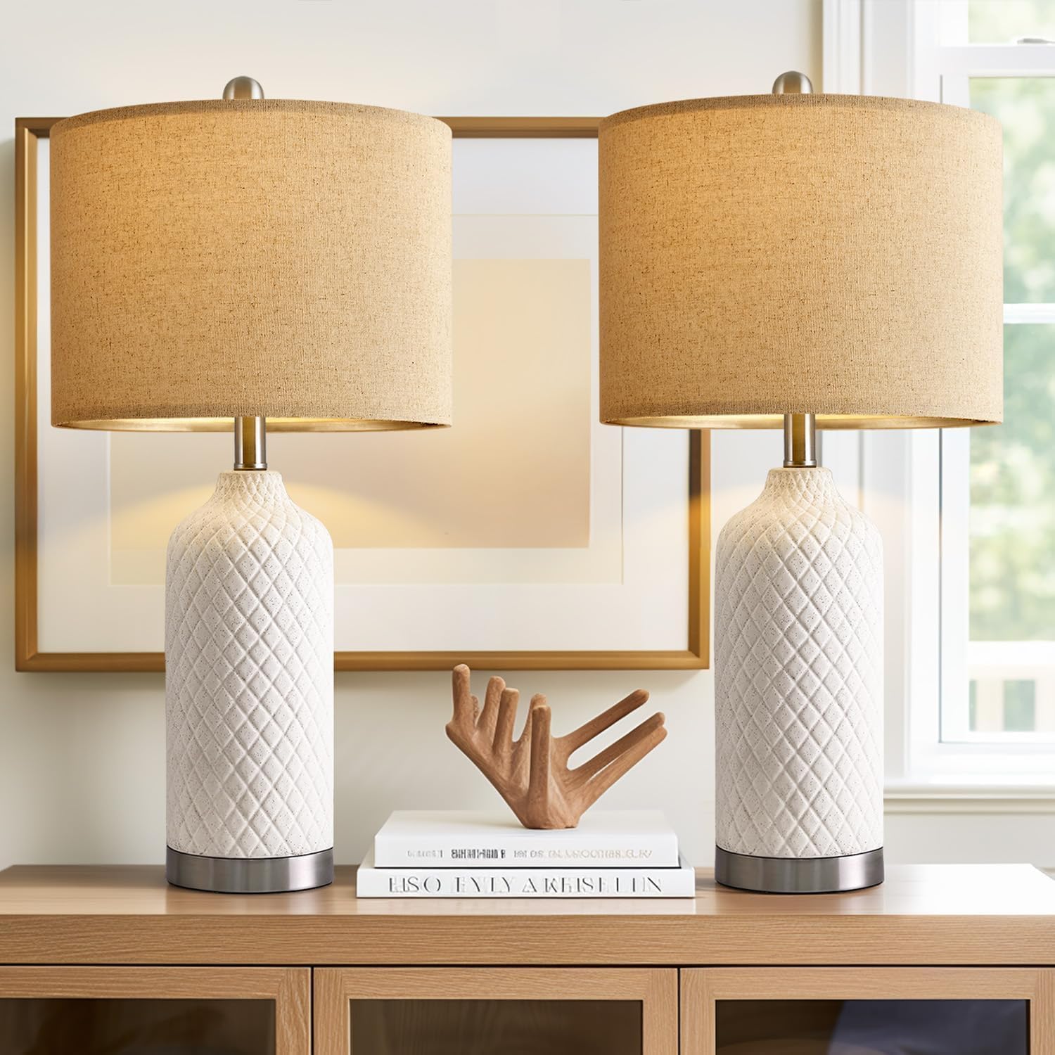 Photo 1 of G-SAFAVA 24.25" Modern White Ceramic Table Lamps Set of 2, Boho Farmhouse Bedside Lamps with White Linen Shades, Perfect for Living Room, Bedroom Nightstands, and End Tables