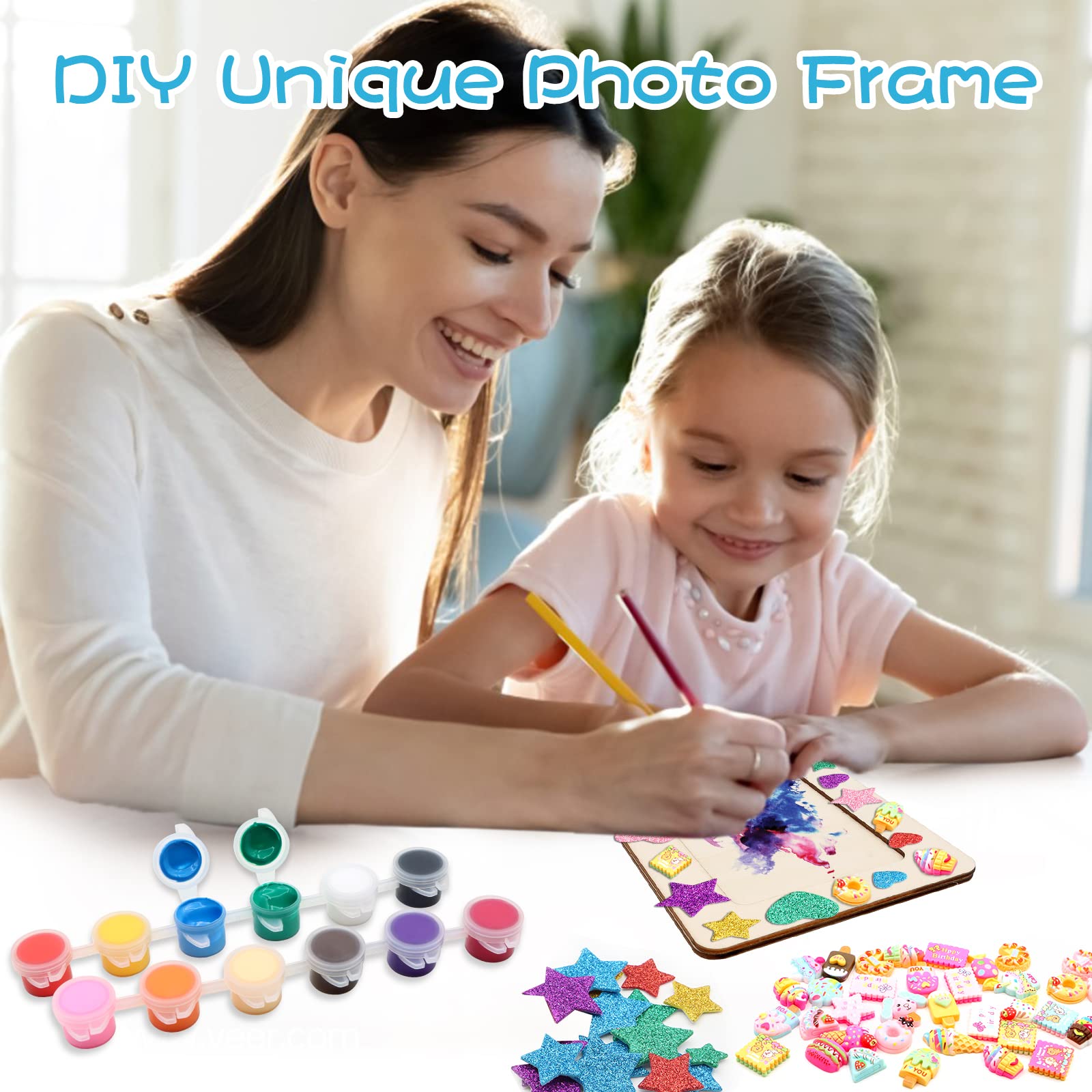 12 Packs Picture Frame Painting Craft Kit, ZYNERY 7.5 x 5.5 inch DIY Unfinished Wooden Photo Frames with Painting Tools Set, Hearts Stars Eva Sticke, Resin Accessories for Kids Craft, Paint