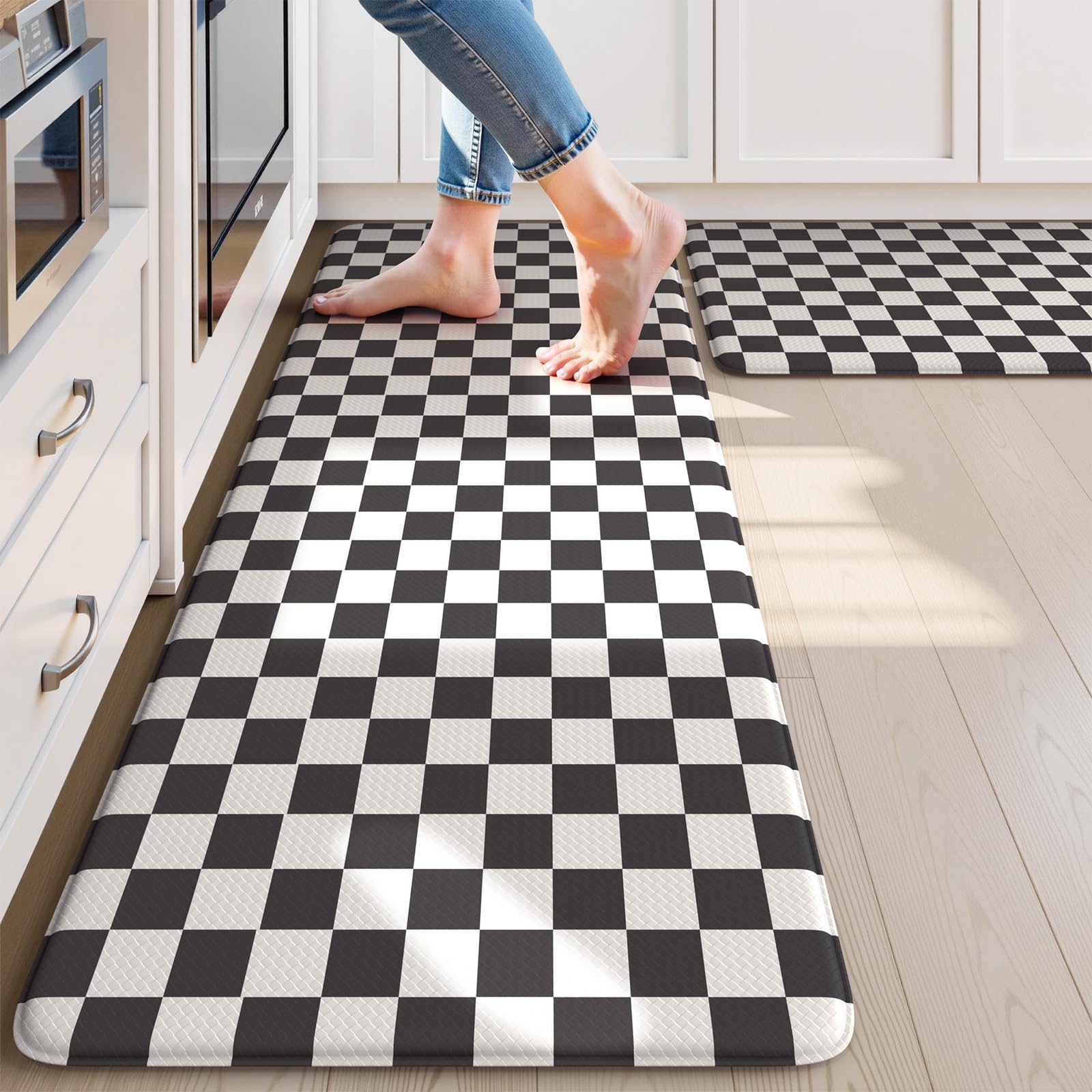 Photo 1 of KIMODE Anti Fatigue Kitchen Mat for Floor, 17"x47"+17"x29" Checkered Kitchen Rugs Sets of 2, Kitchen Floor Mats Non-Slip, Cushioned Standing Desk mat for Sink Laundry Office Black and White