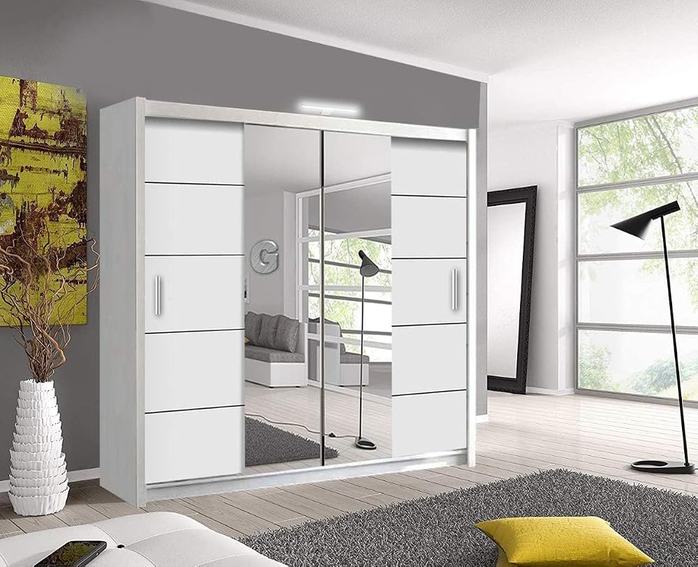 OSLO 203cm Modern Mirror Sliding Door Wardrobe with LED Light - White