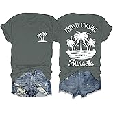 Migxsaf Forever Chasing Sunsets Tshirt Hawaiian Beach Shirts for Women Palm Tree Tropical Shirt Graphic Tees Summer Tops