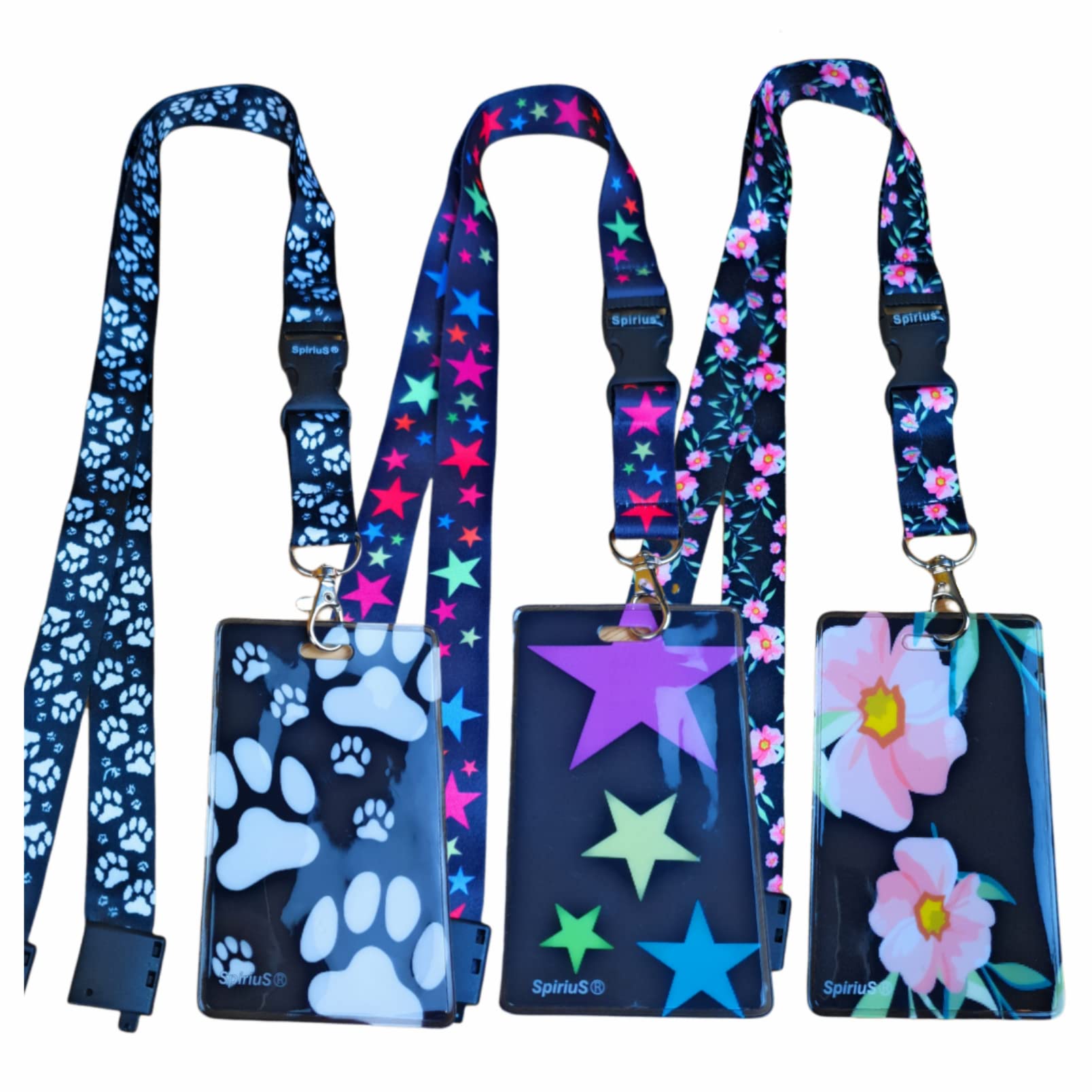 Set of 3 lanyards with Safety Breakaway Clip and Soft Waterproof Card Badge ID Holder deatachable Clip Feature Stars, Paws, Flowers Designs (B 3 pcs)