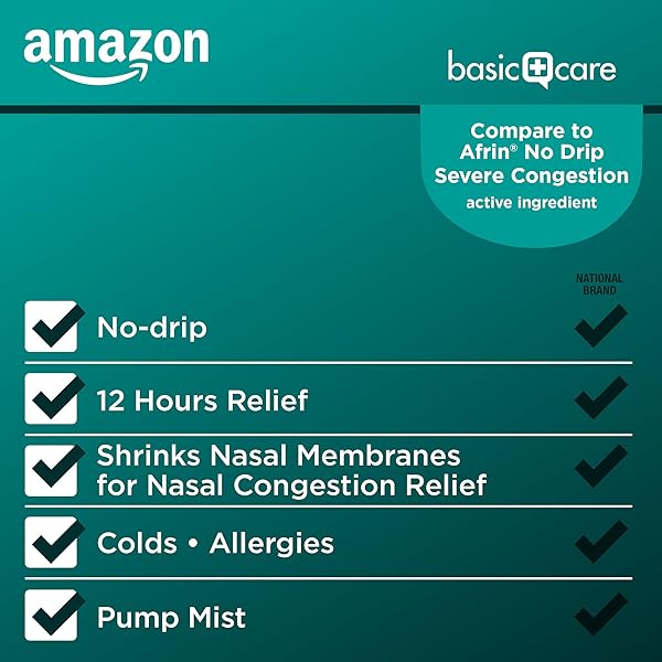 AMAZON BASIC CARE NO DRIP SEVERE CONGESTION NASAL PUMP MIST SPRAY, 12 HOUR RELIEF, OXYMETAZOLINE HCL, MAXIMUM STRENGTH PLUS MENTHOL, STEROID FREE, 1 FL OZ (PACK OF 1)