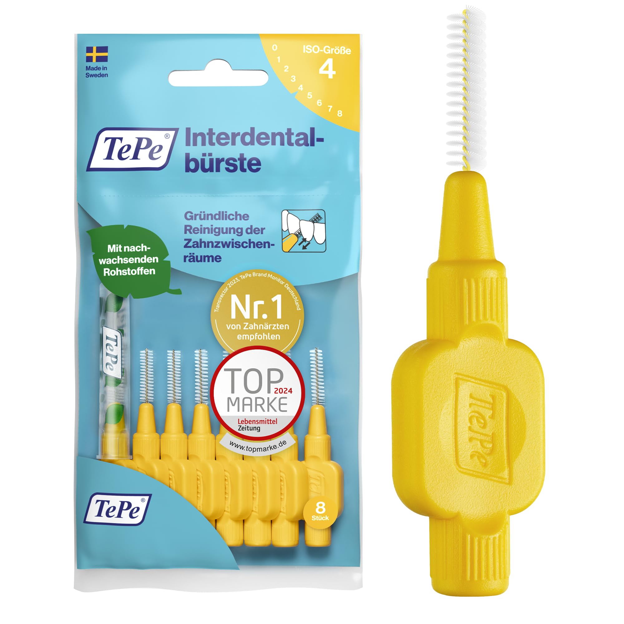 TePe Original Yellow Interdental Brush (ISO Size 4 0.7 mm)/For easy and thorough cleaning of interdental spaces/ 1 interdental brush