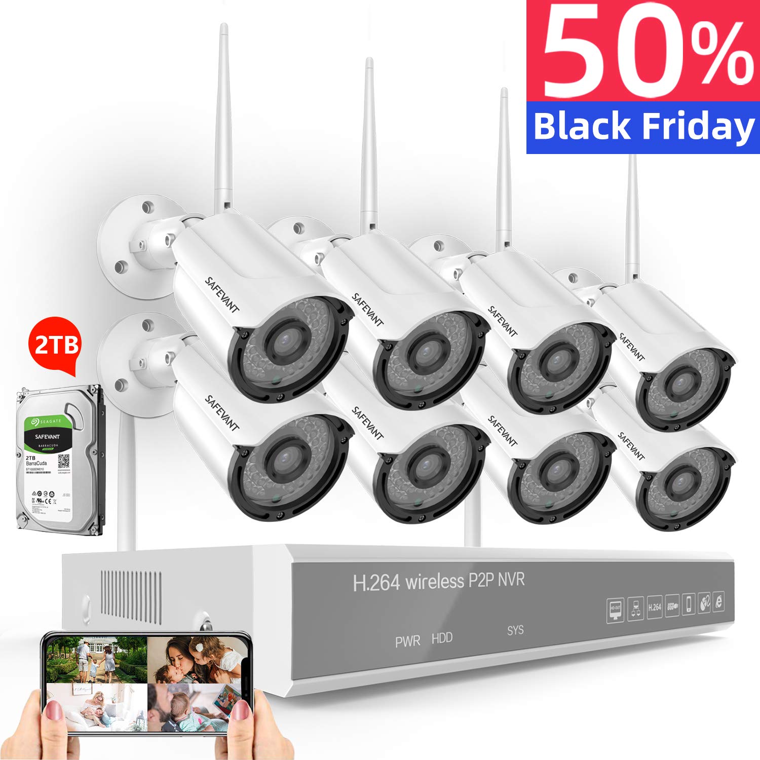 [8CH 2TB] 1080P Full HD Security Camera System Wireless,SAFEVANT 8