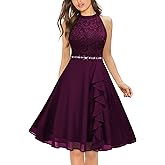 Miusol Women's Halter Neck Lace Ruffle Vintage Cocktail Party A-Line Bridesmaid Dress