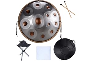 LingTing Handpan Drums Sets 22 inches D Minor Steel Hand Drum with Soft Hand Pan Bag, 2 handpan mallet,Handpan Stand,dust-free cloth (Ash-gold,12 Notes)
