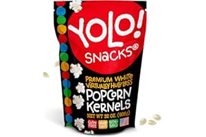 YOLO! Gourmet Virtually Hulless Popcorn Kernels, Premium White Butterfly Popping Corn, Non GMO, Gluten Free, Vegan, 32 Oz Resealable Bag (Pack of 1)