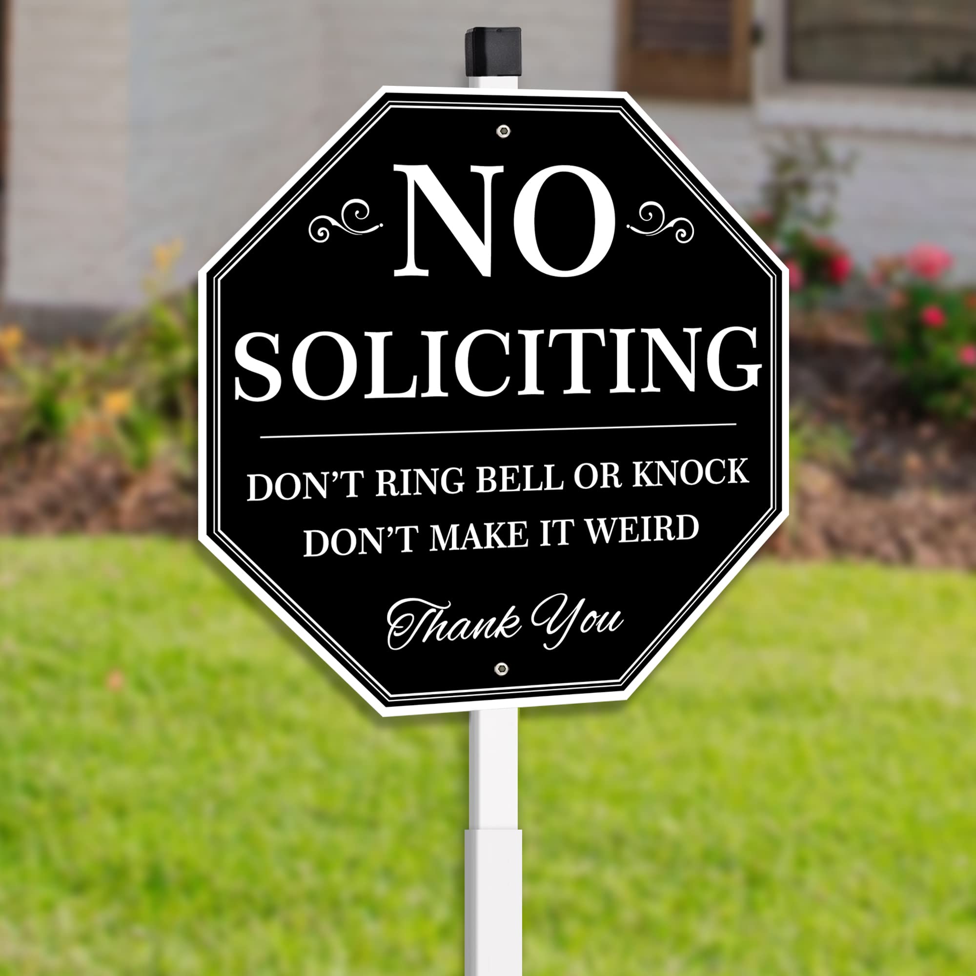 Photo 1 of Uflashmi No Soliciting Yard Sign, No Soliciting Sign for House Yard with Stake, 10” x 28”, Metal black and white